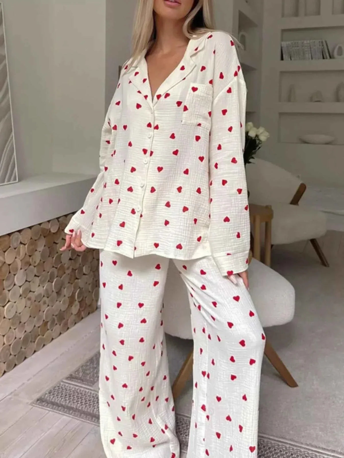 Heart Print Textured Button Front Shirt and Wide Leg Pants Two Piece Set 2