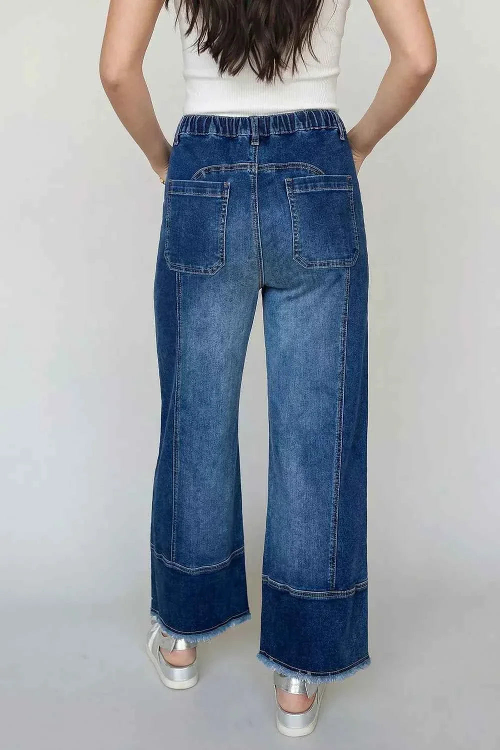 Drawstring Seam Detail Raw Hem Wide Leg Denim Pants