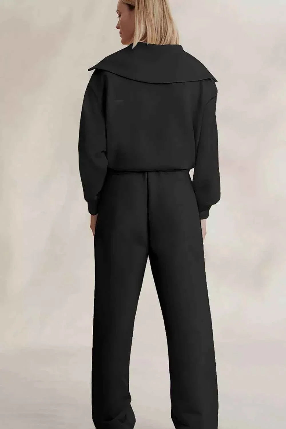 Solid Zip Sailor Collar Pullover Athleisure Sweatpants 2pcs Set