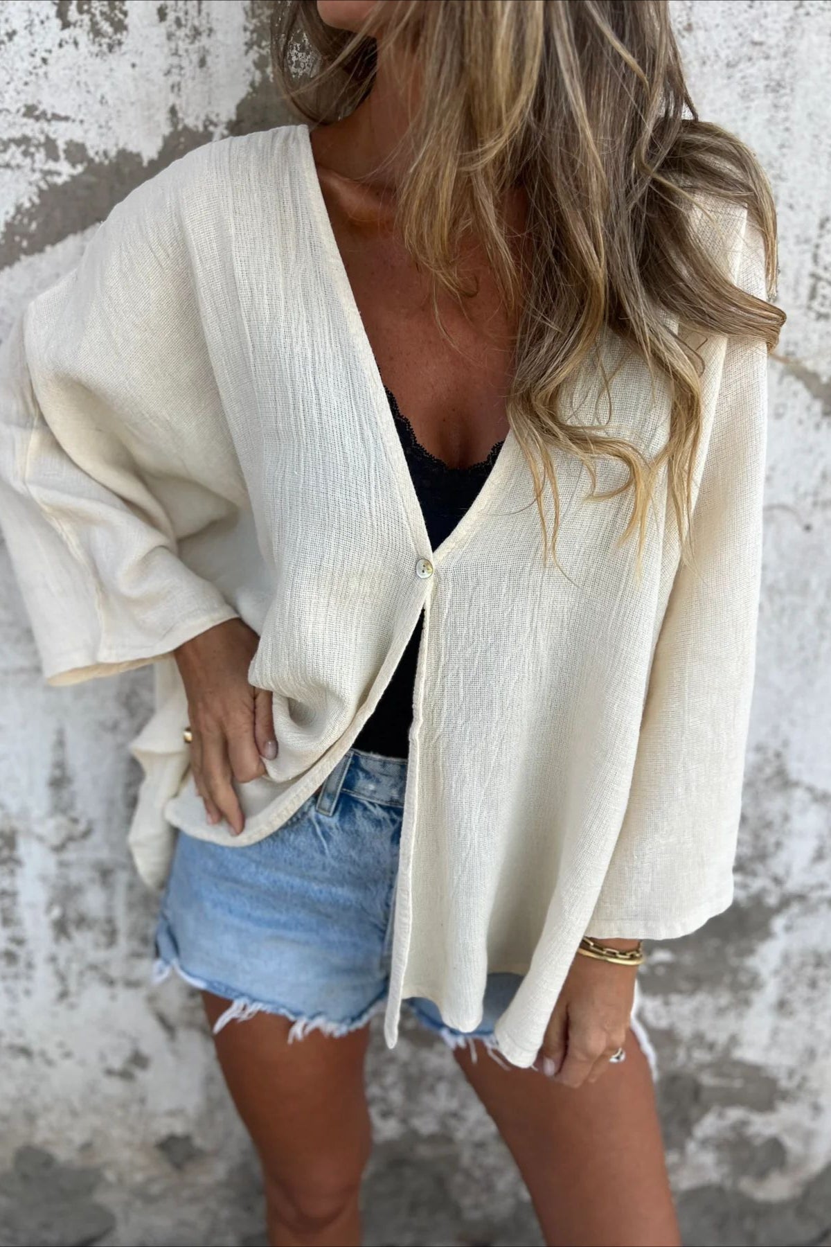 V-Neck Wide Sleeve Button Front Textured Loose Fit Blouse