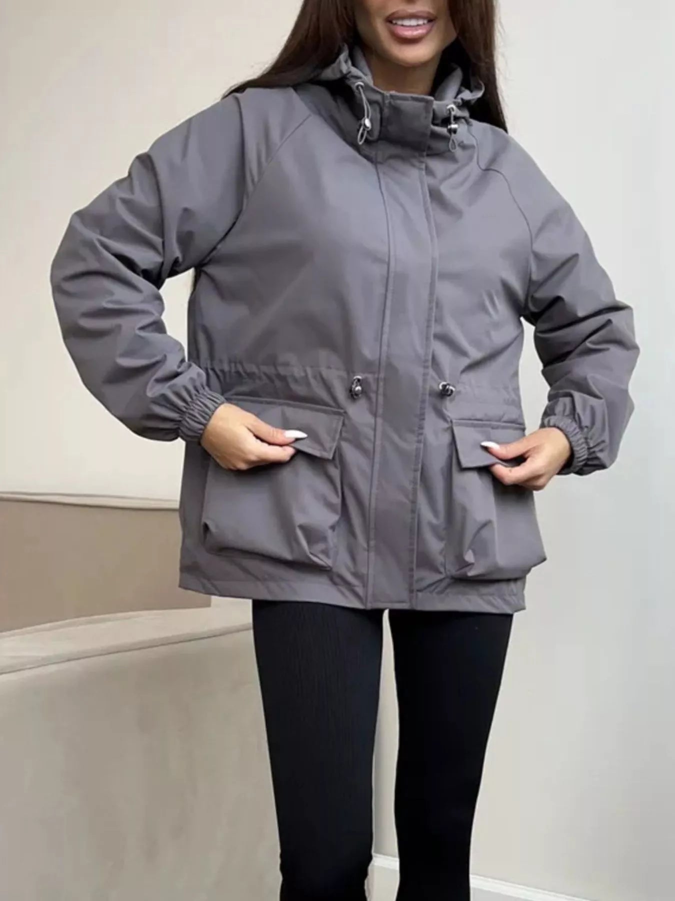 Drawstring Waist Hooded Windbreaker Outerwear