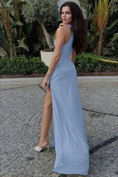 Sexy Solid Fitted High Slit Ruched Sleeveless Party Dress 4