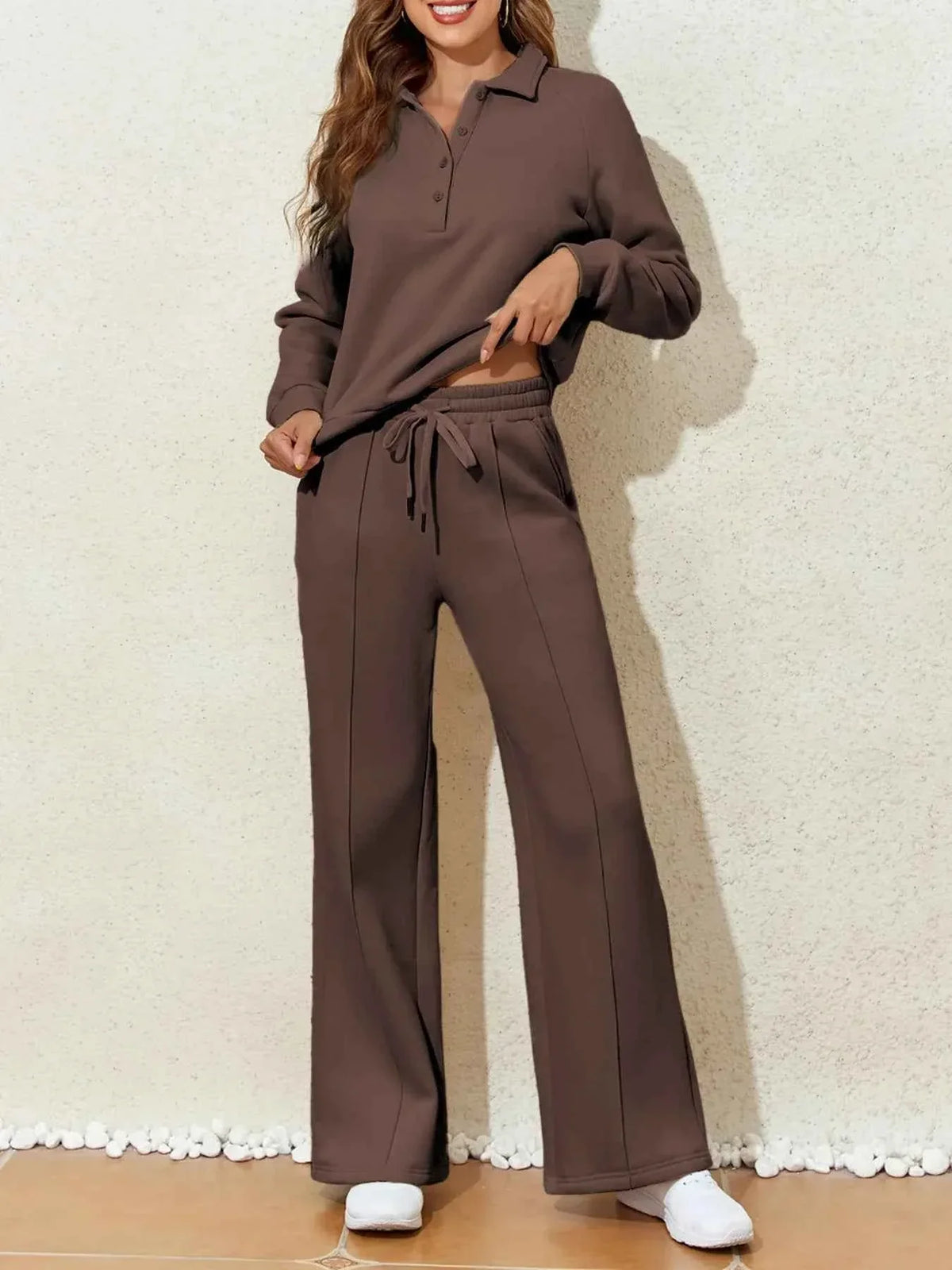 Collared Button Placket Sweatshirt and Seam Front Wide Leg Pants Two Piece Set 8