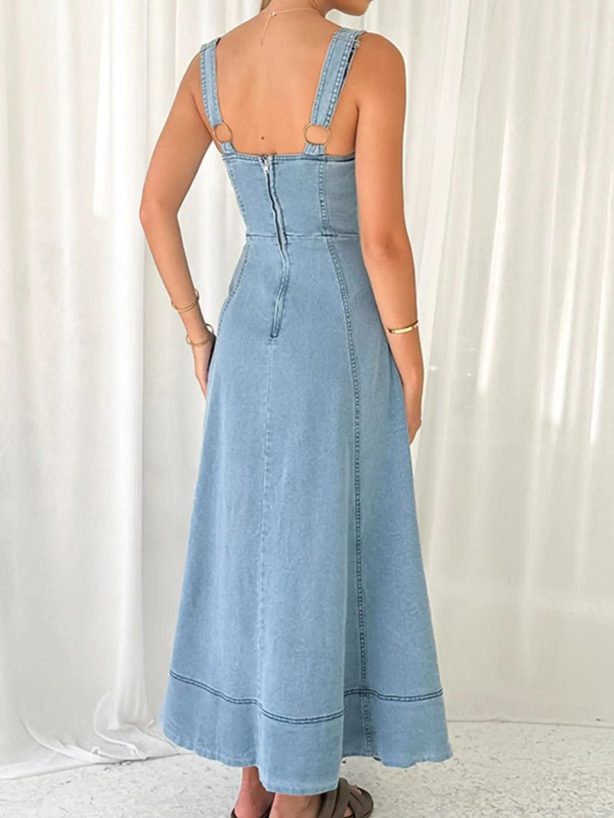 Denim-Look Sweetheart Neck Wide Strap Button Front Pocket Maxi Dress 4