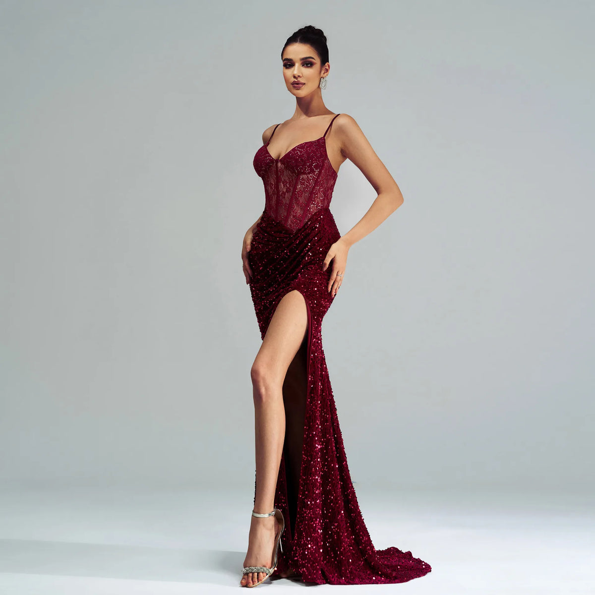 Sequin Sheer Lace Corset Bodice Spaghetti Strap High Split Maxi Dress 6