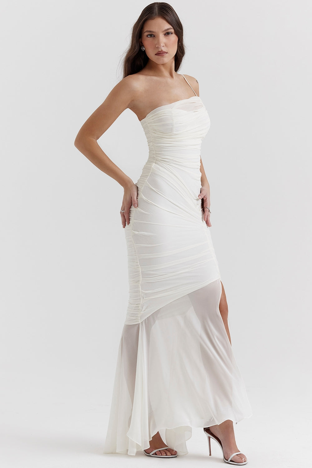 Ruched Mesh Asymmetric Neck Front Split Mermaid Maxi Dress 6
