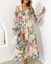 Floral Chiffon Deep V-Neck Long Sleeve Cut Out Maxi Dress 20