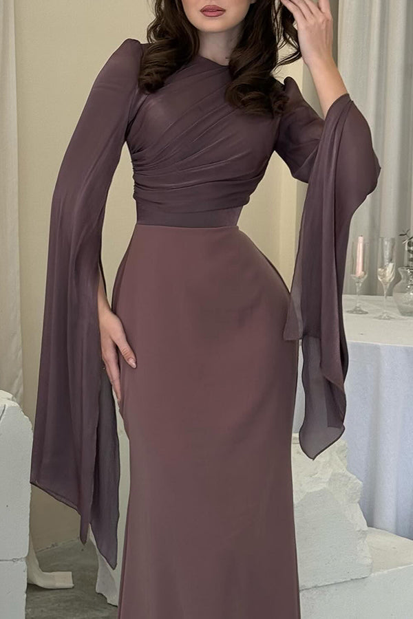Liora Ruched Organza Satin Patchwork Long Bell Slit Maxi Dress - View 20