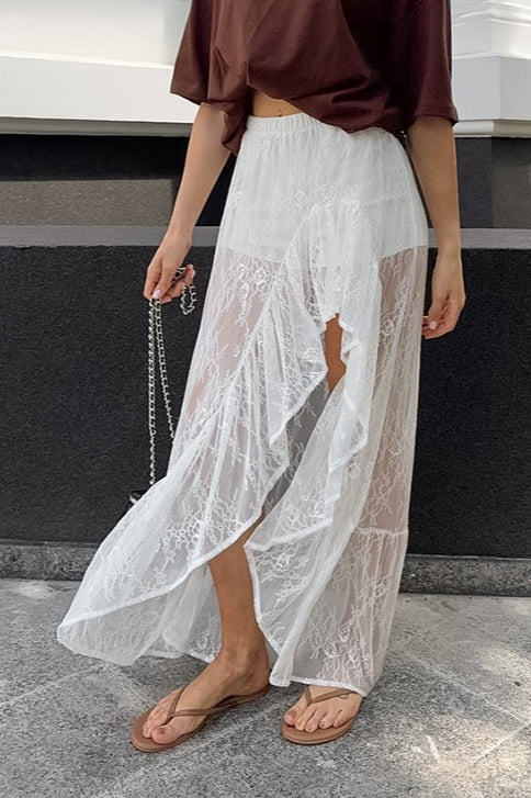 Lace Sheer Split Ruffle Asymmetrical Skirt