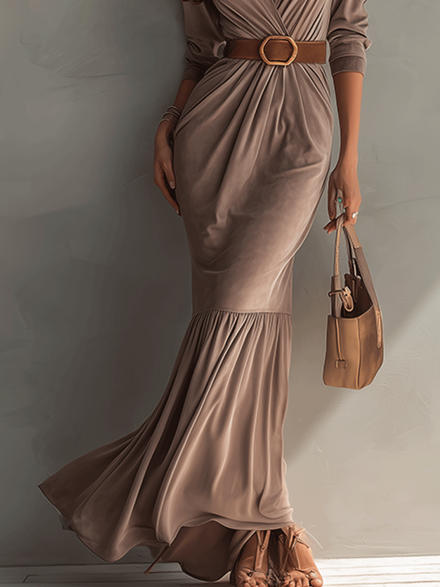 Elegant V-Neck Pleated Brown Fishtail Maxi Dress