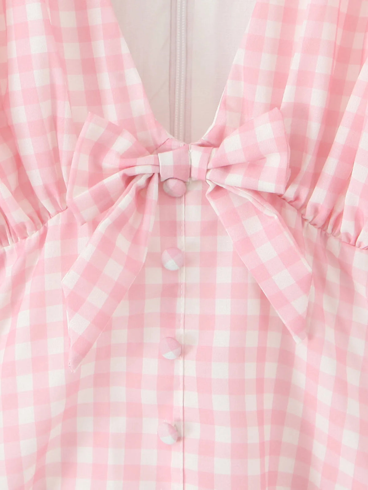 Gingham V-Neck Puff Sleeve Bow Button Front Lace Trim Mini Dress 8