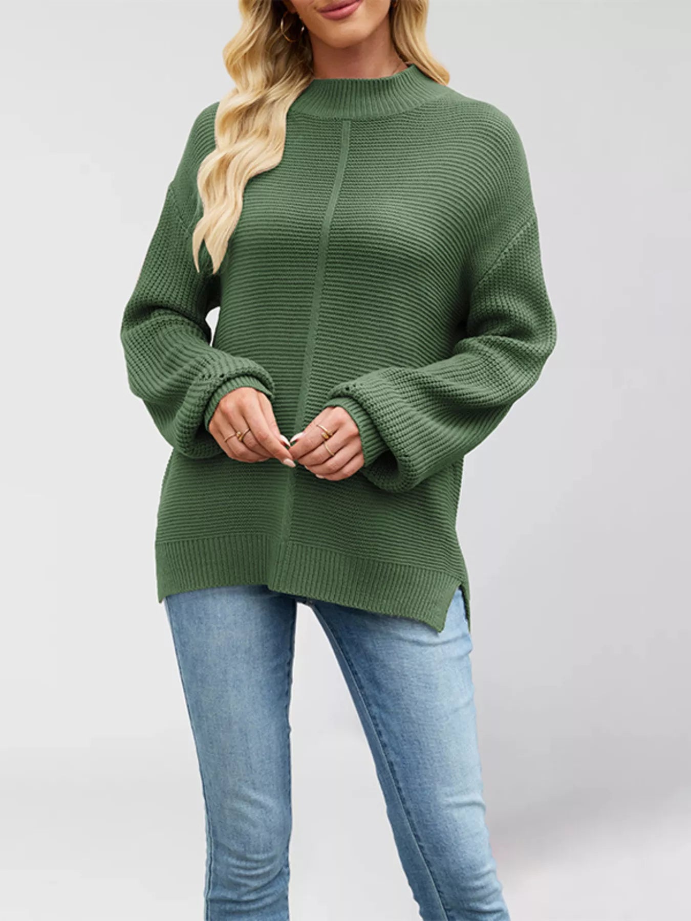 Ribbed Mock Neck Drop Shoulder Sweater