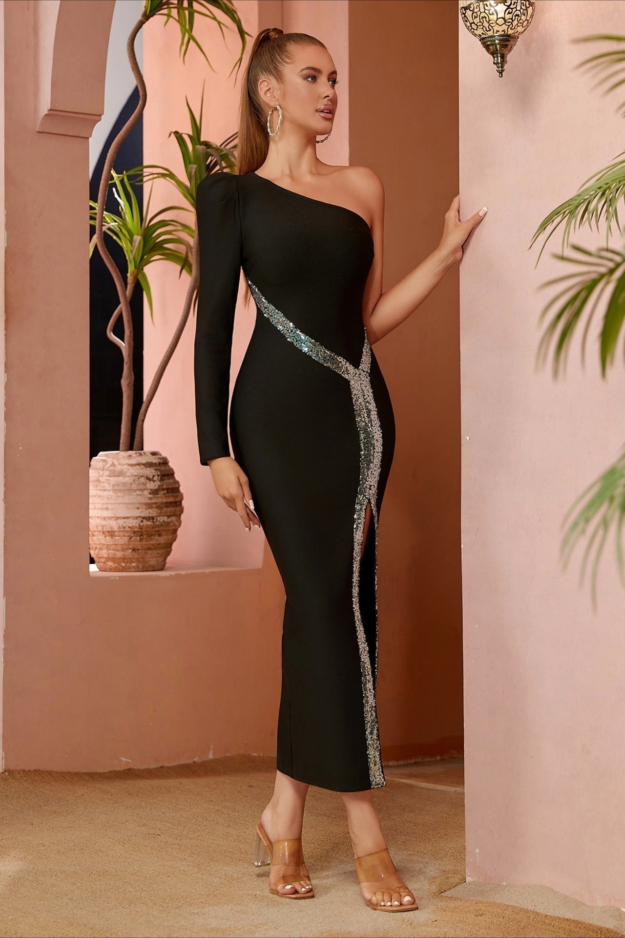 Sequin Trim One Shoulder Long Sleeve Bandage Bodycon High Split Maxi Gown