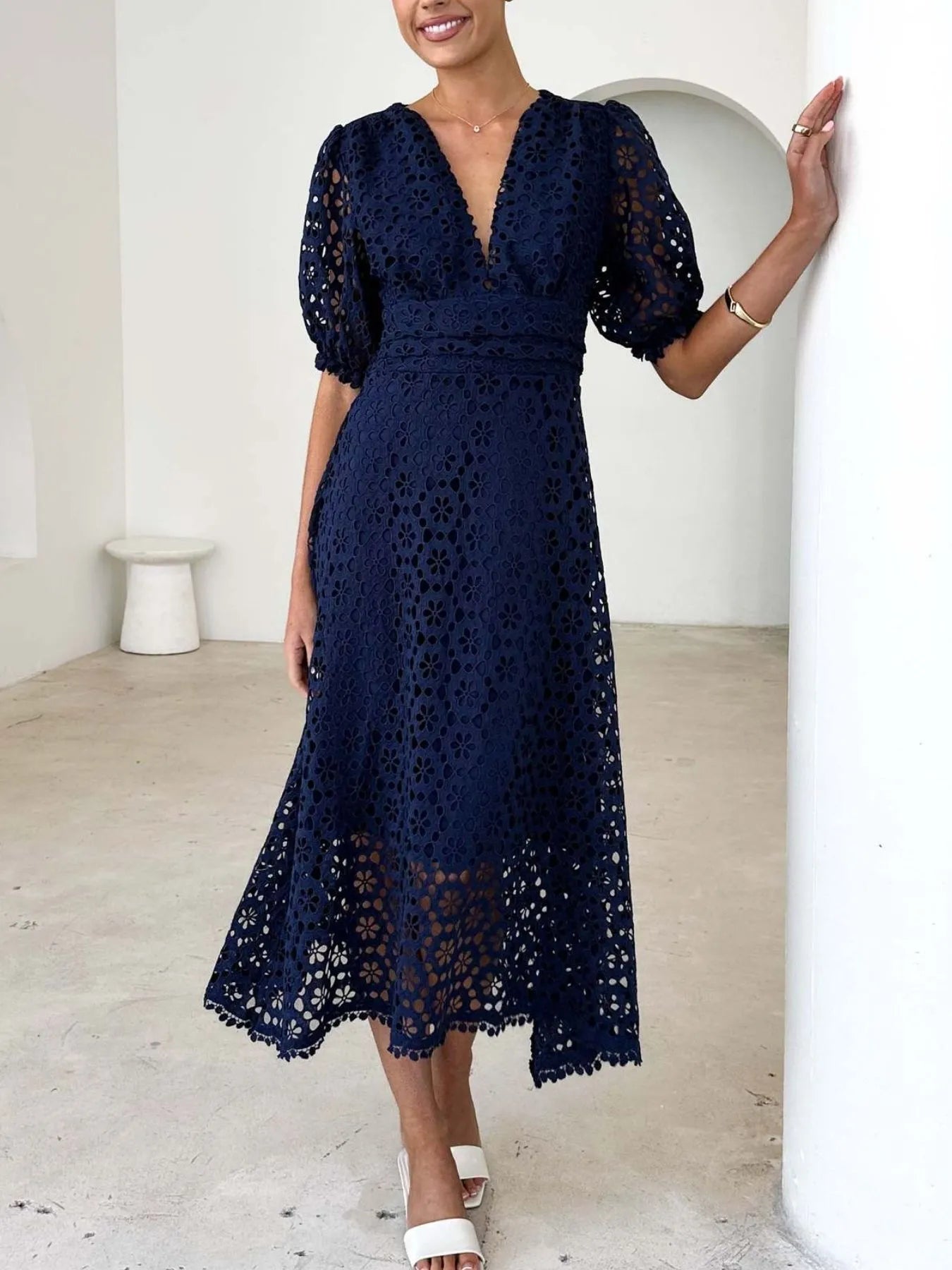 Exclusive Serena V Neck Lace Midi Dress with Puff Sleeves Chic Silhouette Collection