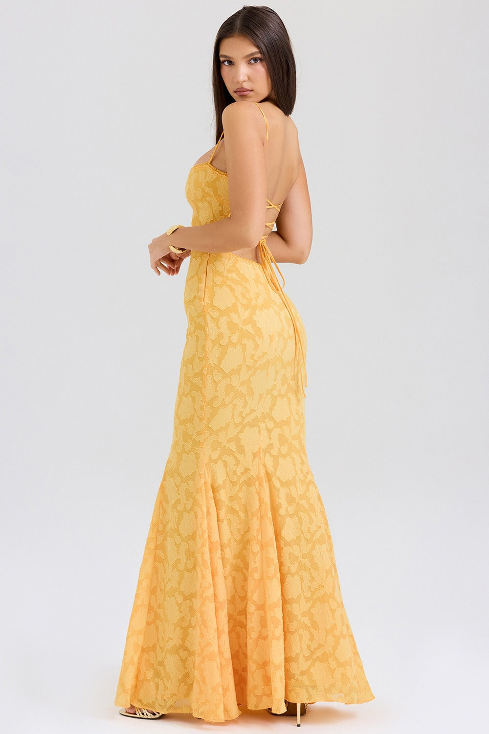 Strapless Lace Backless Waist Tie Maxi Lace Dress