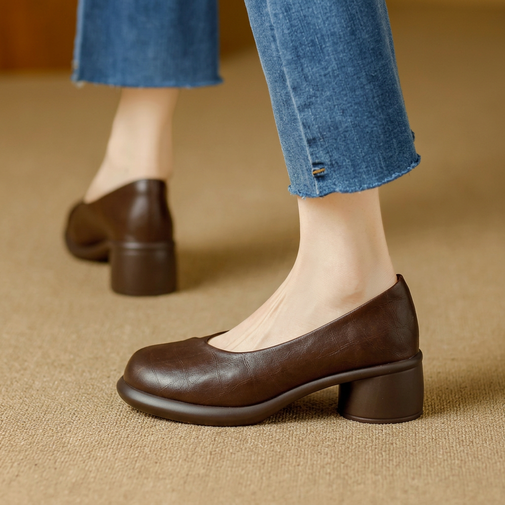 Round Toe Slip On Chunky Block Heel Pumps