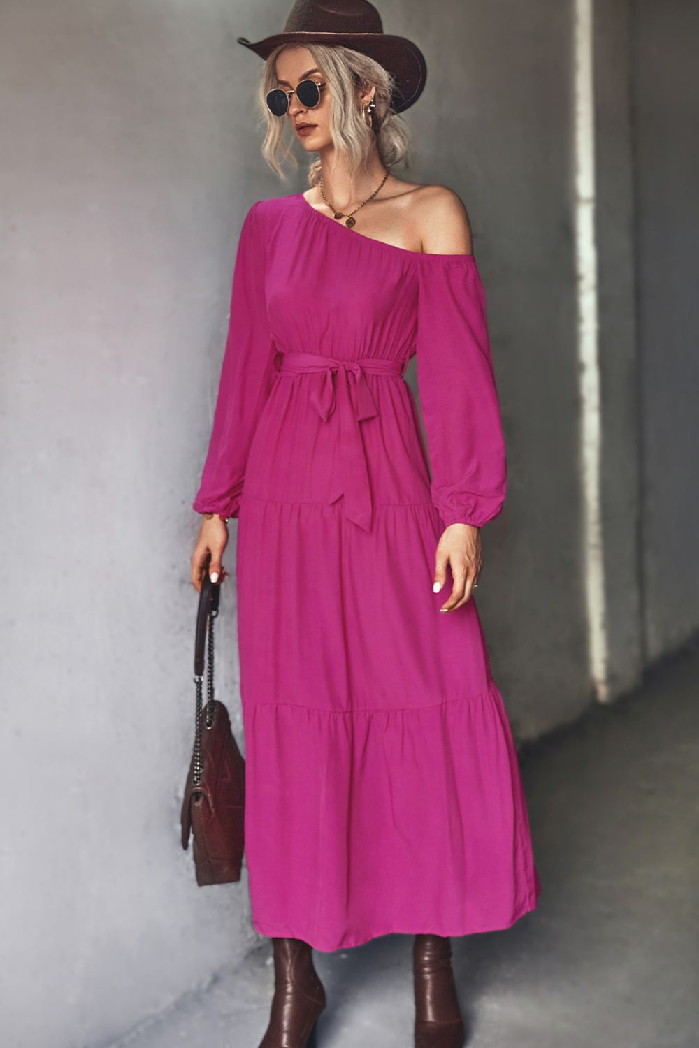 One Shoulder Long Sleeve Belted Tiered Maxi Dress 3