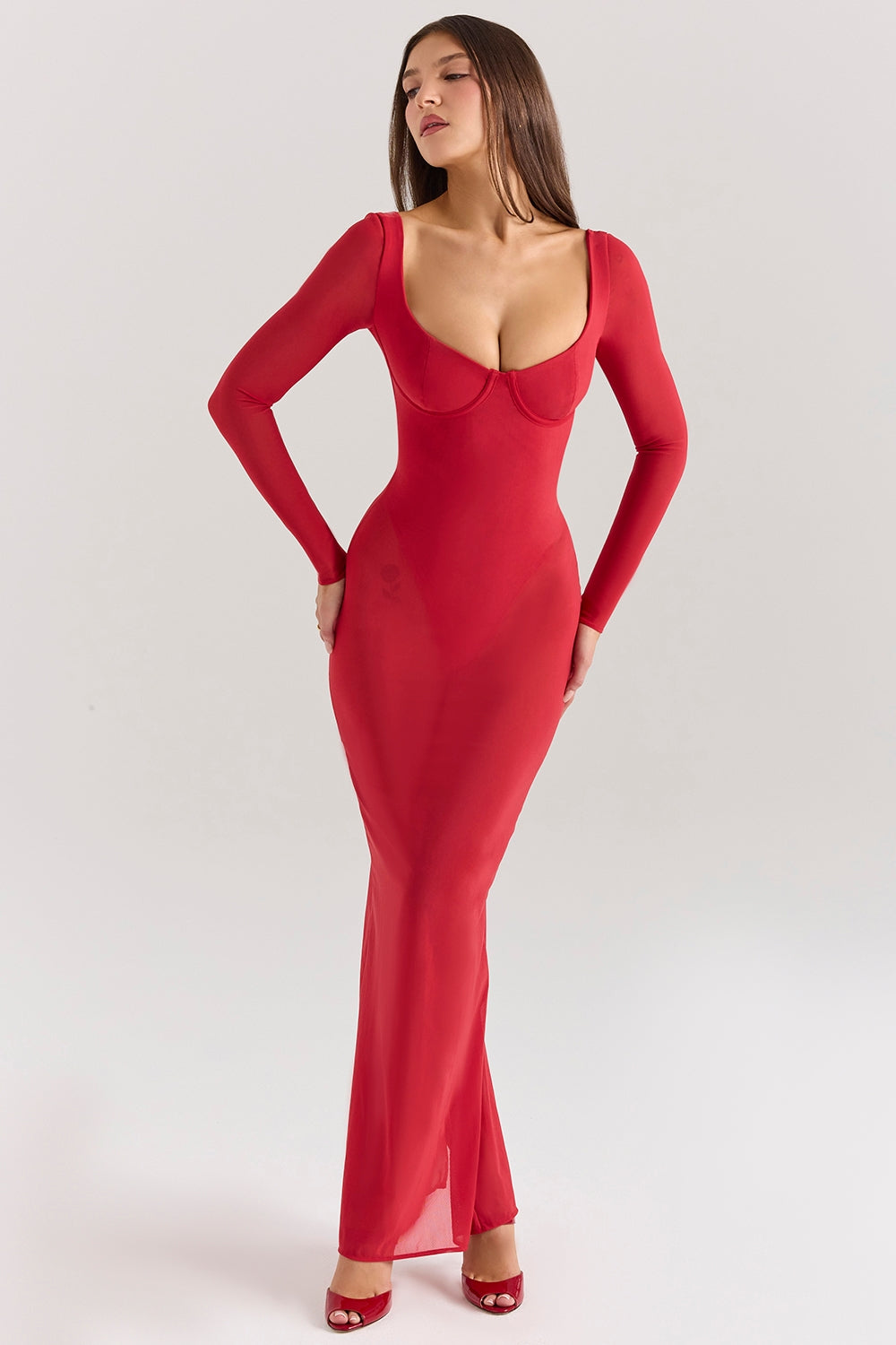 Sheer Mesh Square Neck Long Sleeve Bodysuit Lined Maxi Dress 2