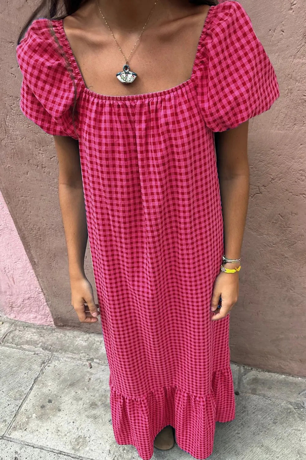 Gingham Puff Sleeve Scoop Neck Ruffle Hem Maxi Dress 3
