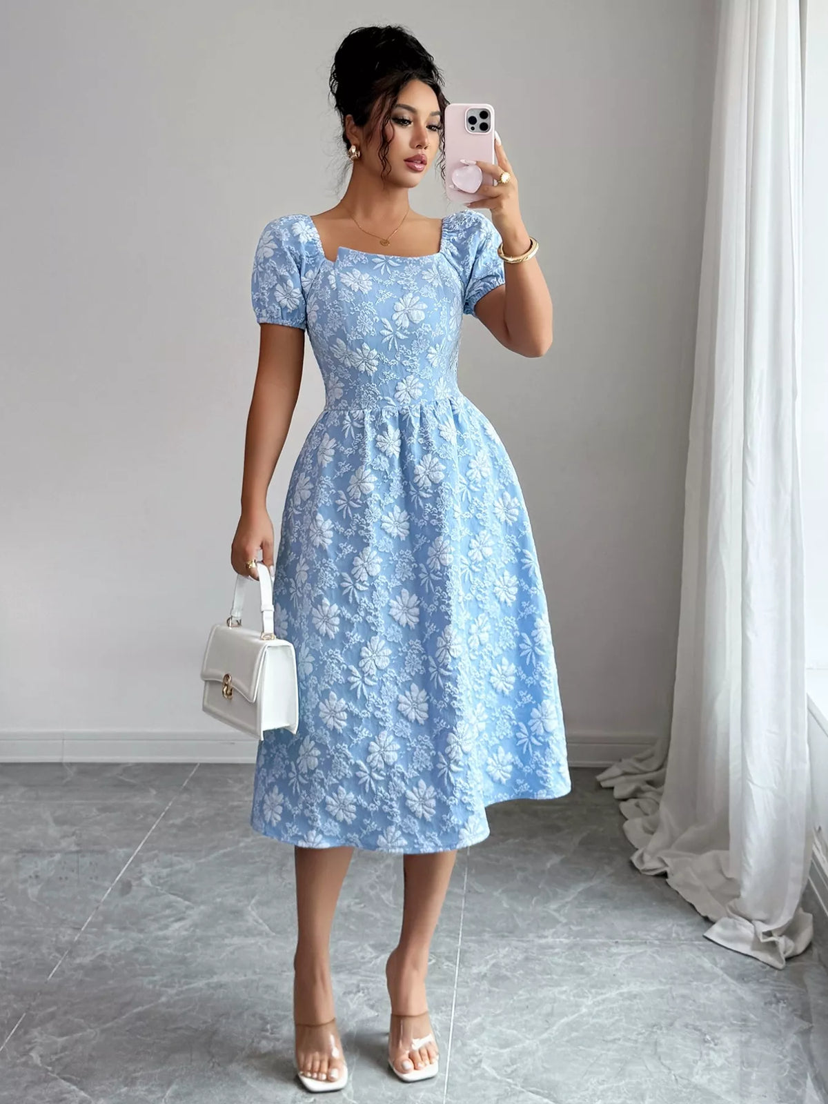 Floral Square Neck Puff Sleeve Midi Dress