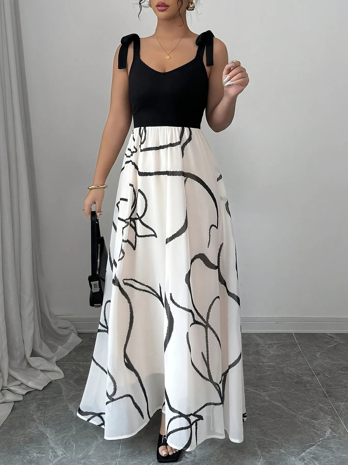 Abstract Line Print Tie Shoulder Contrast Bodice A-Line Maxi Dress 4