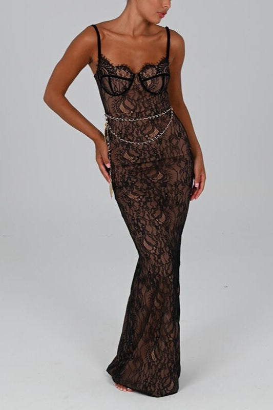 Lace Edition Strappy OffShoulder Maxi Formal Dress