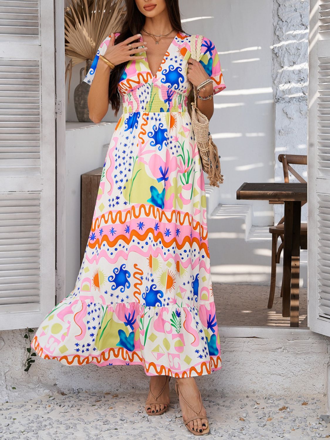 Geometric Tile Print V-Neck Short Sleeve Smocked Waist Ruffle Hem Maxi Dress 8