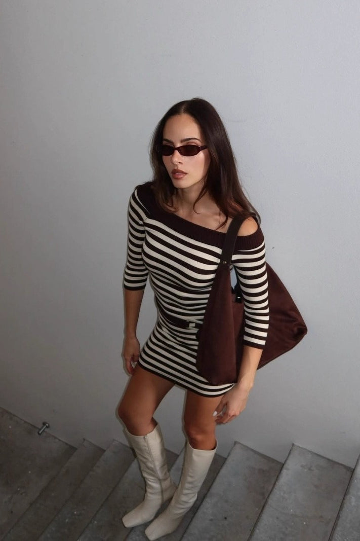Striped OffShoulder Knit Bodycon Mini Sweater Dress