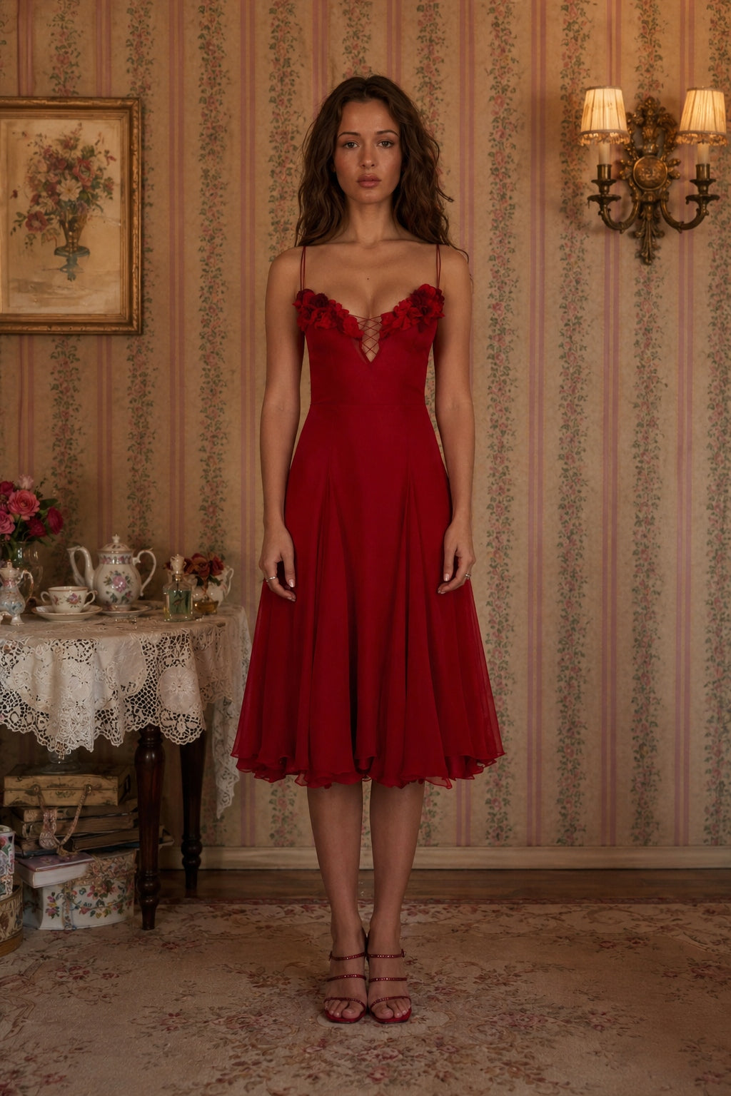 Sculpted Flower Plunge Midi Slip Dress