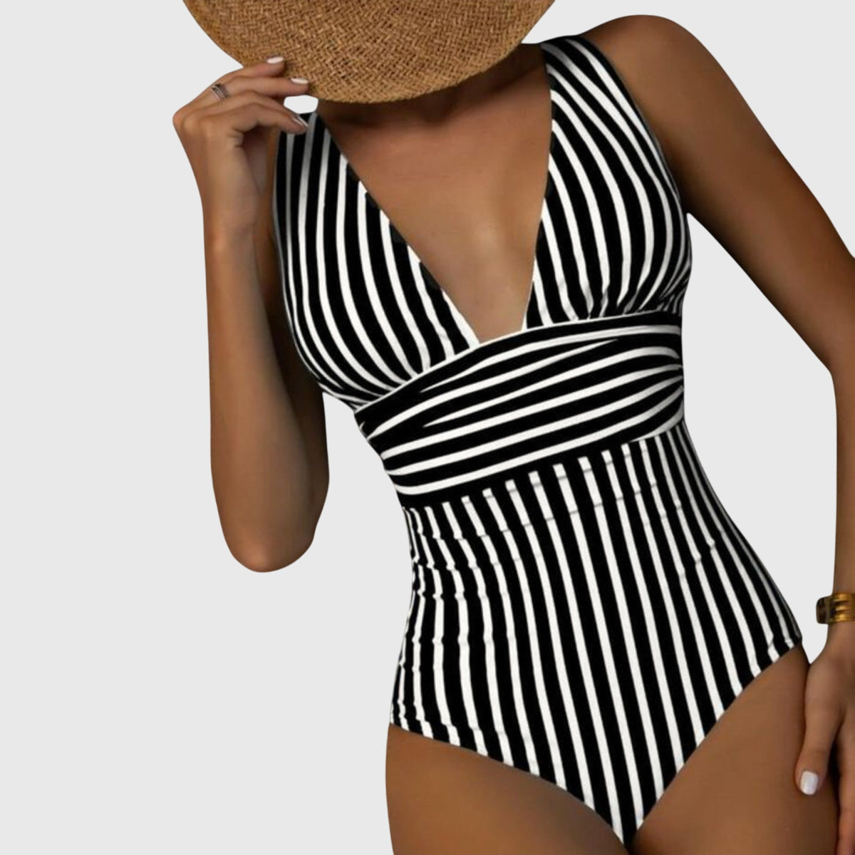 Striped Deep V-Neck Ruched One Piece Swimsuit
