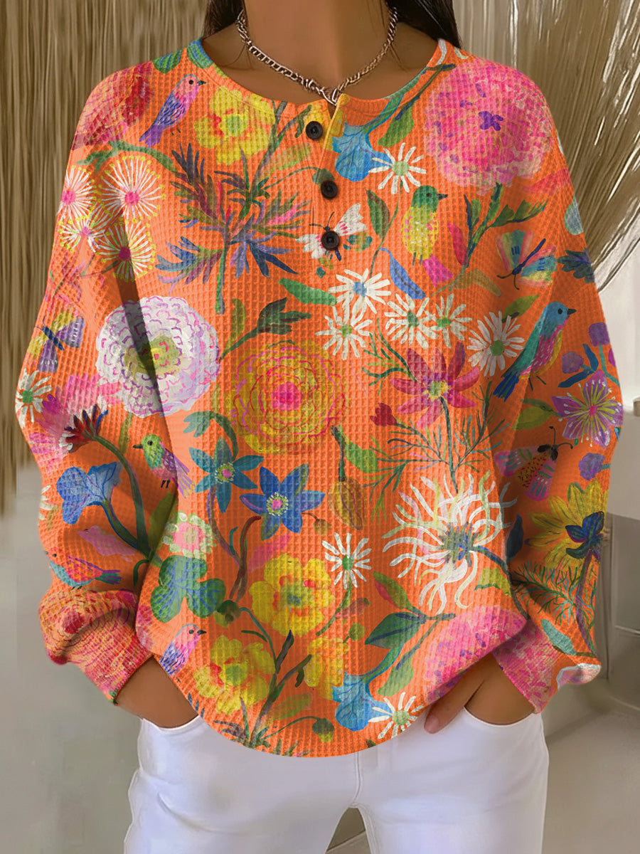Floral Print Waffle Knit Button Henley Crew Neck Sweatshirt