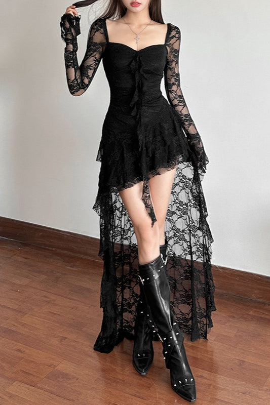 Long Sleeve Irregular Hem Lace Dress 3