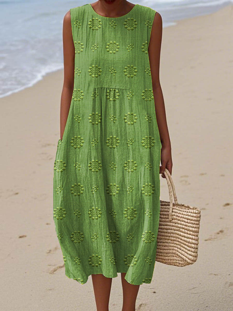 Floral Textured Sleeveless Pocket Midi Dress