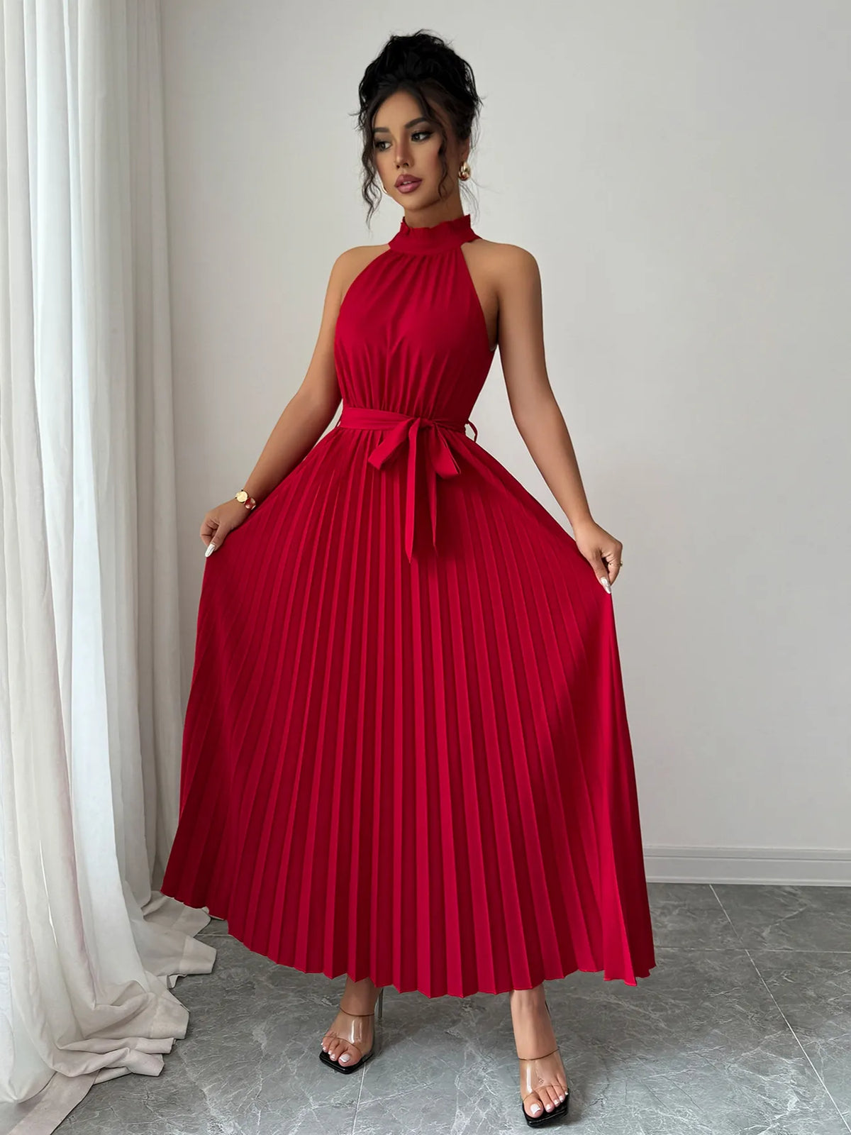 Pleated Halter Neck Tie Waist Maxi Dress