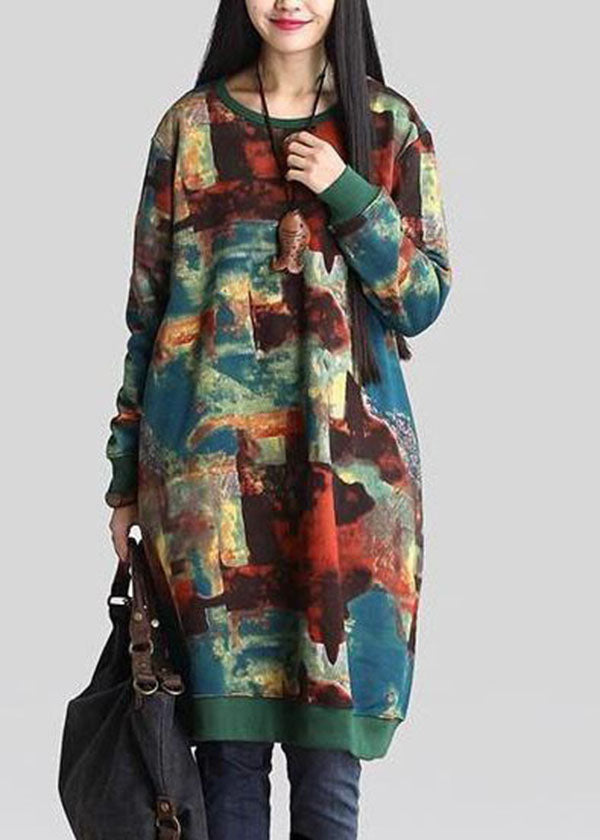 Abstract Print Round Neck Long Sleeve Ribbed Cuff Pocket Sweatshirt Dress