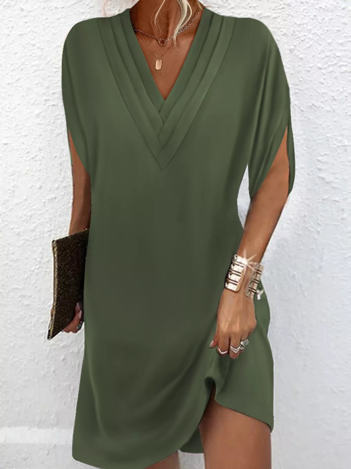 Pleated V-Neck Split Sleeve Relaxed Shift Mini Dress