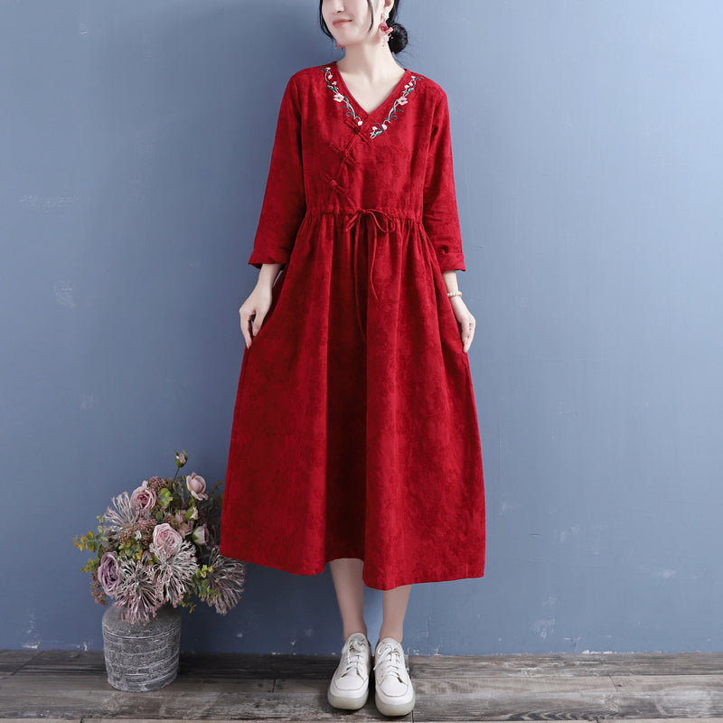 Jacquard Floral Embroidery Frog Button Wrap V-Neck Tie Waist Midi Dress