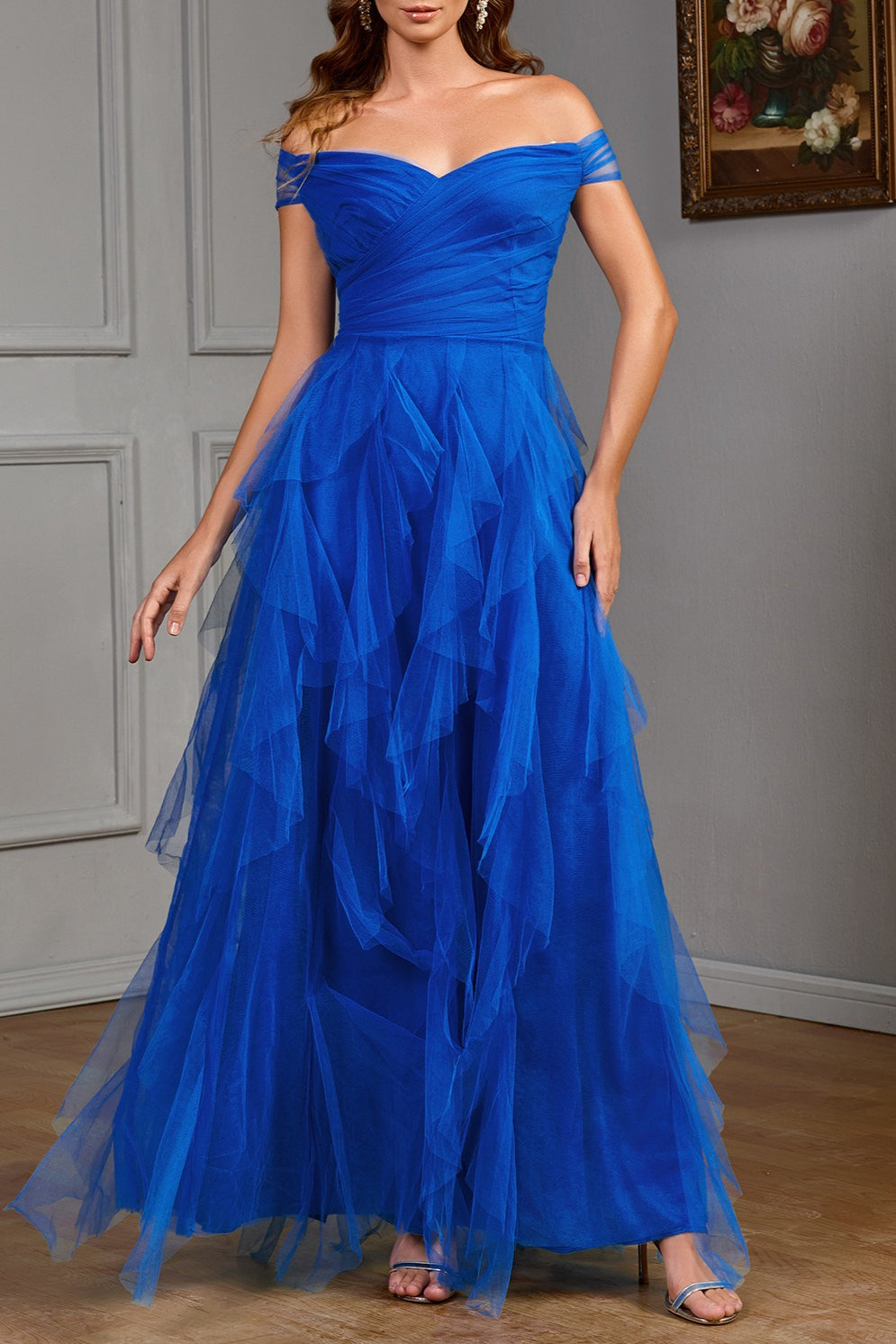 Off Shoulder Sweetheart Ruched Tiered Tulle A-Line Maxi Gown