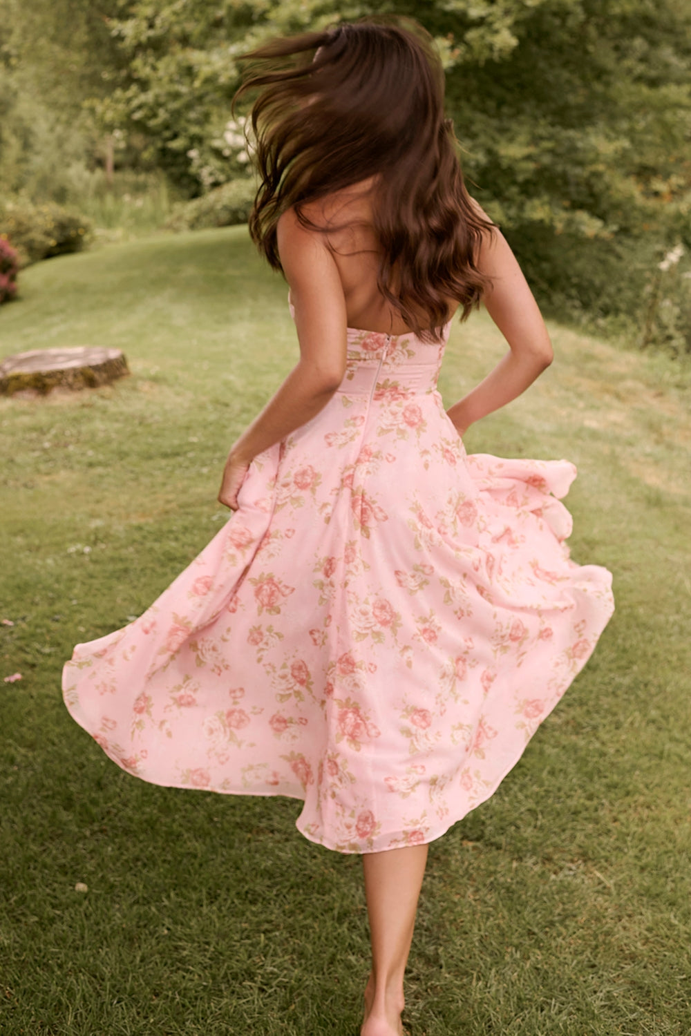 Rose Print Georgette Halter Plunge Full Skirt Midi Dress 8