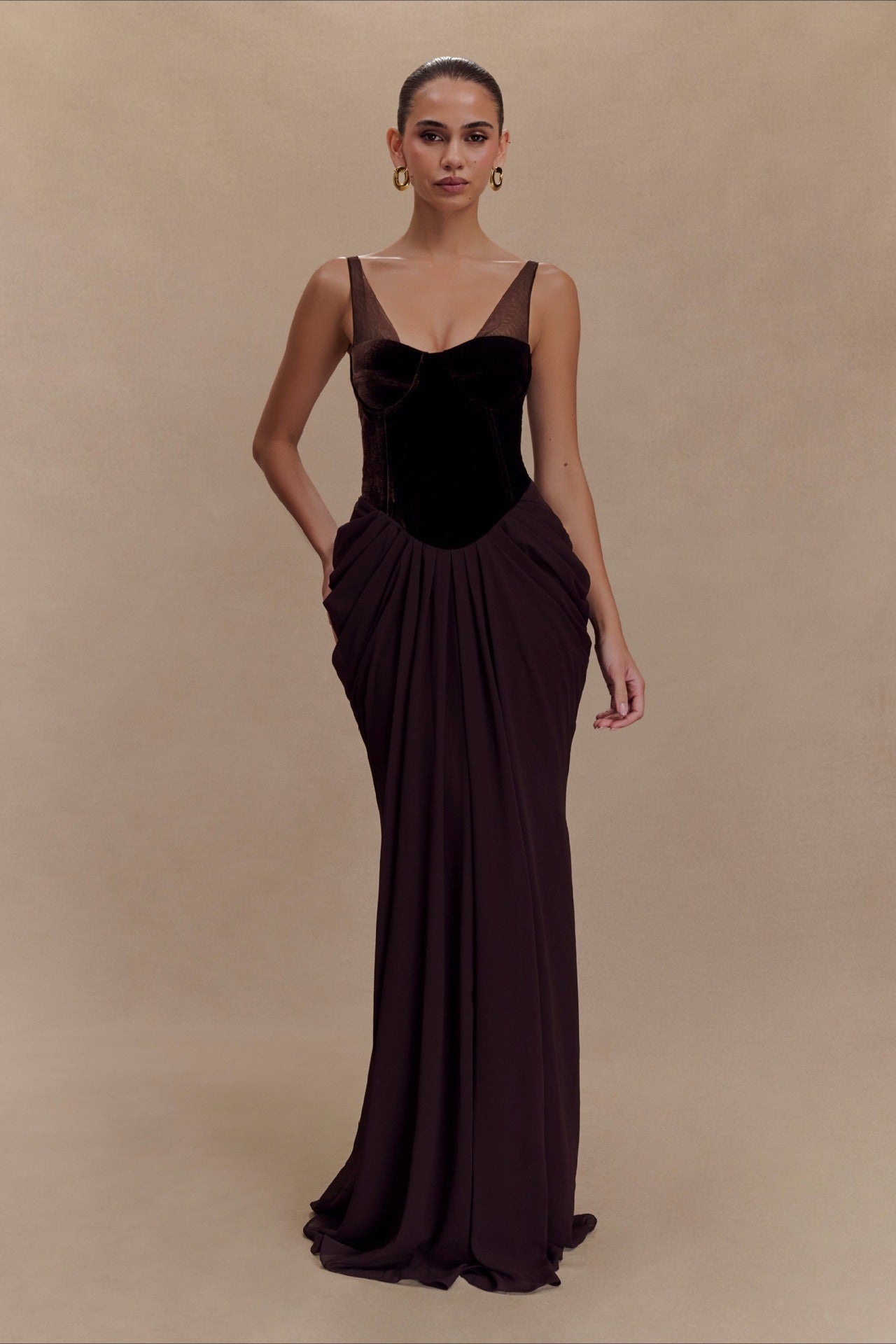 Velvet Corset Bustier Mesh Panel Maxi Gown