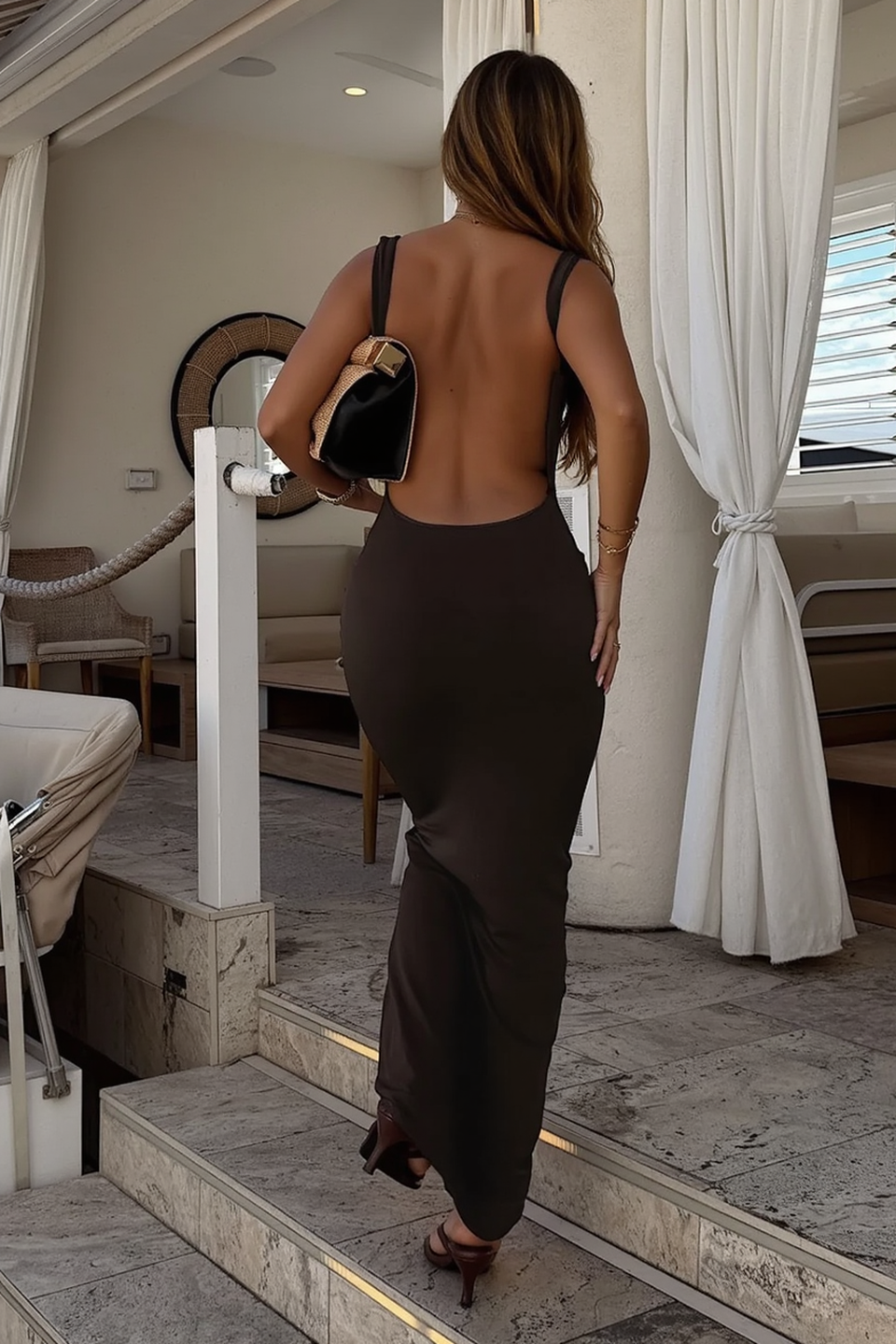 Deep Open Back Solid Basic Bodycon Slip Dress