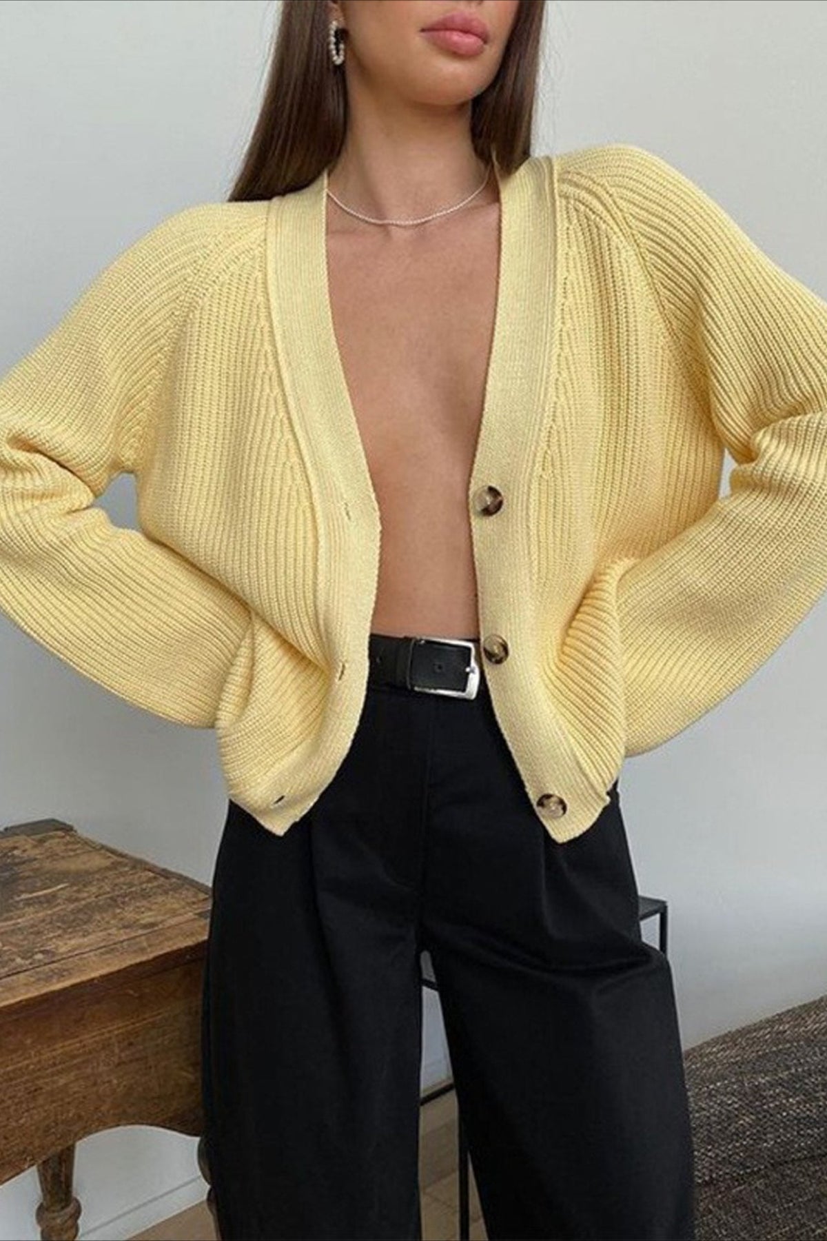 V-Neck Raglan Long Sleeve Button Front Ribbed Knit Cropped Cardigan 3