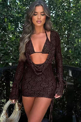Solid Tie Lace Long Sleeve Skirt Two Piece Set