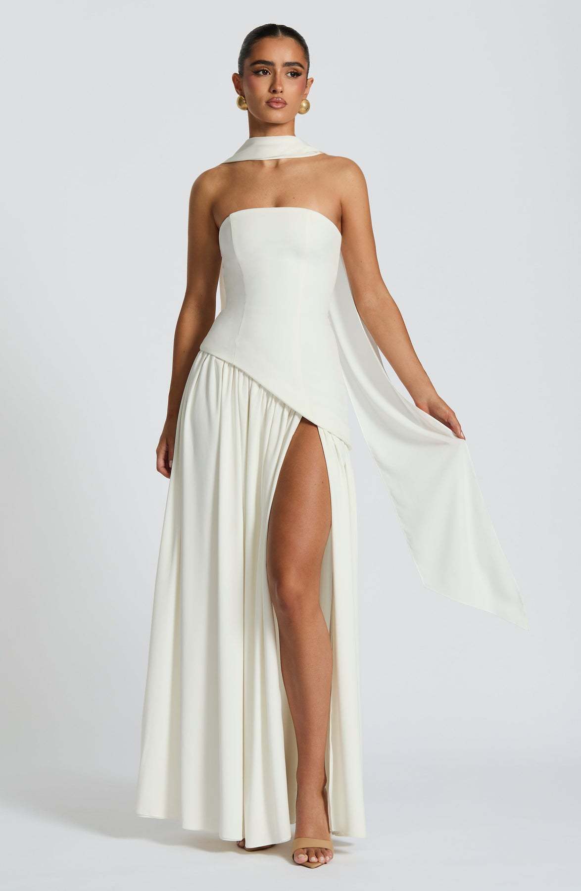 Strapless Asymmetric Drop Waist High Split Maxi Dress with Scarf 90