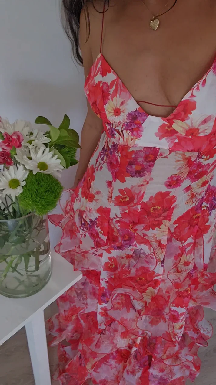 Sexy Red Floral Printed Backless Ruffle Long Party Dress Prom Evening Dress cc1612