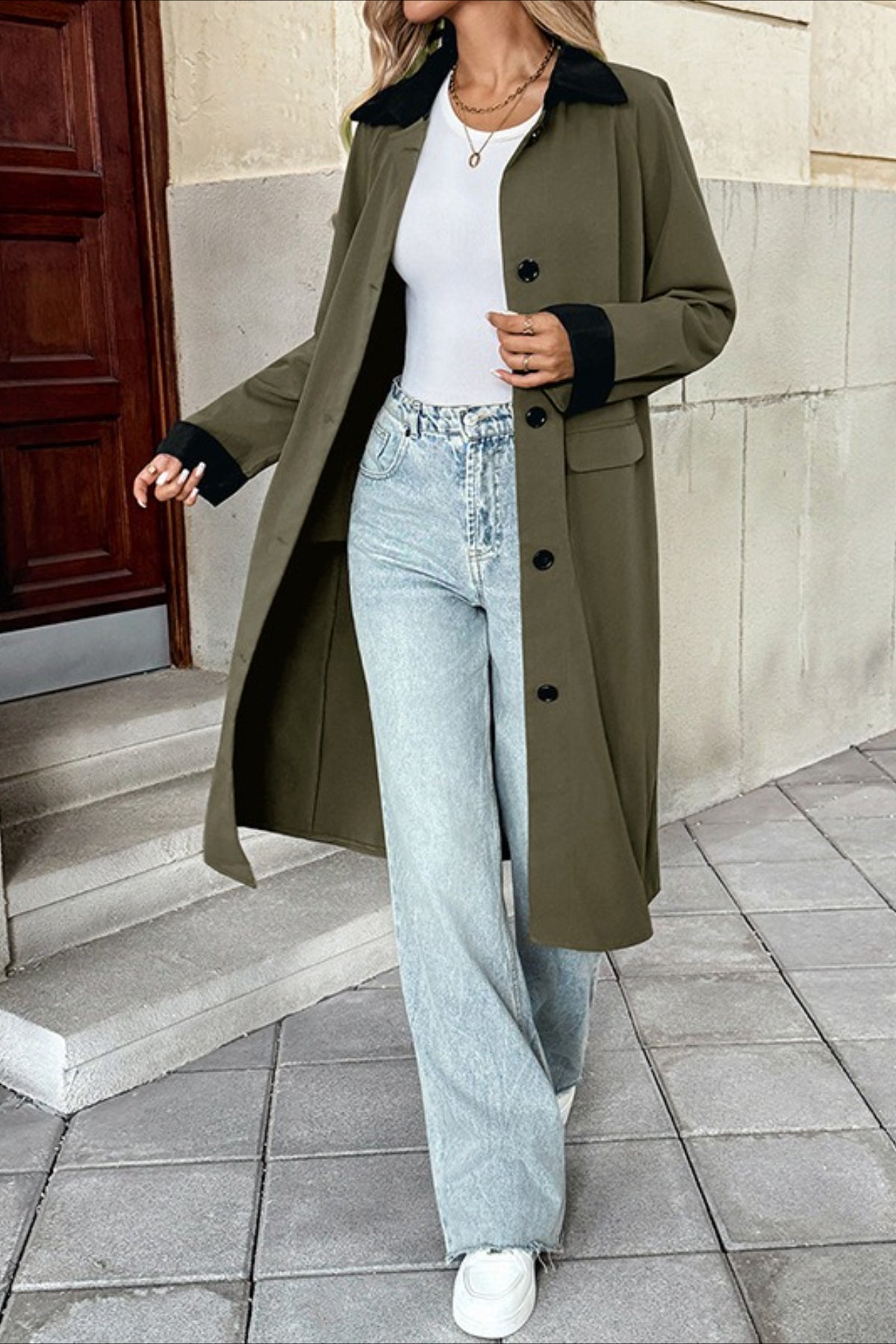 Contrast Collar and Cuff Single Breasted Flap Pocket Longline Coat