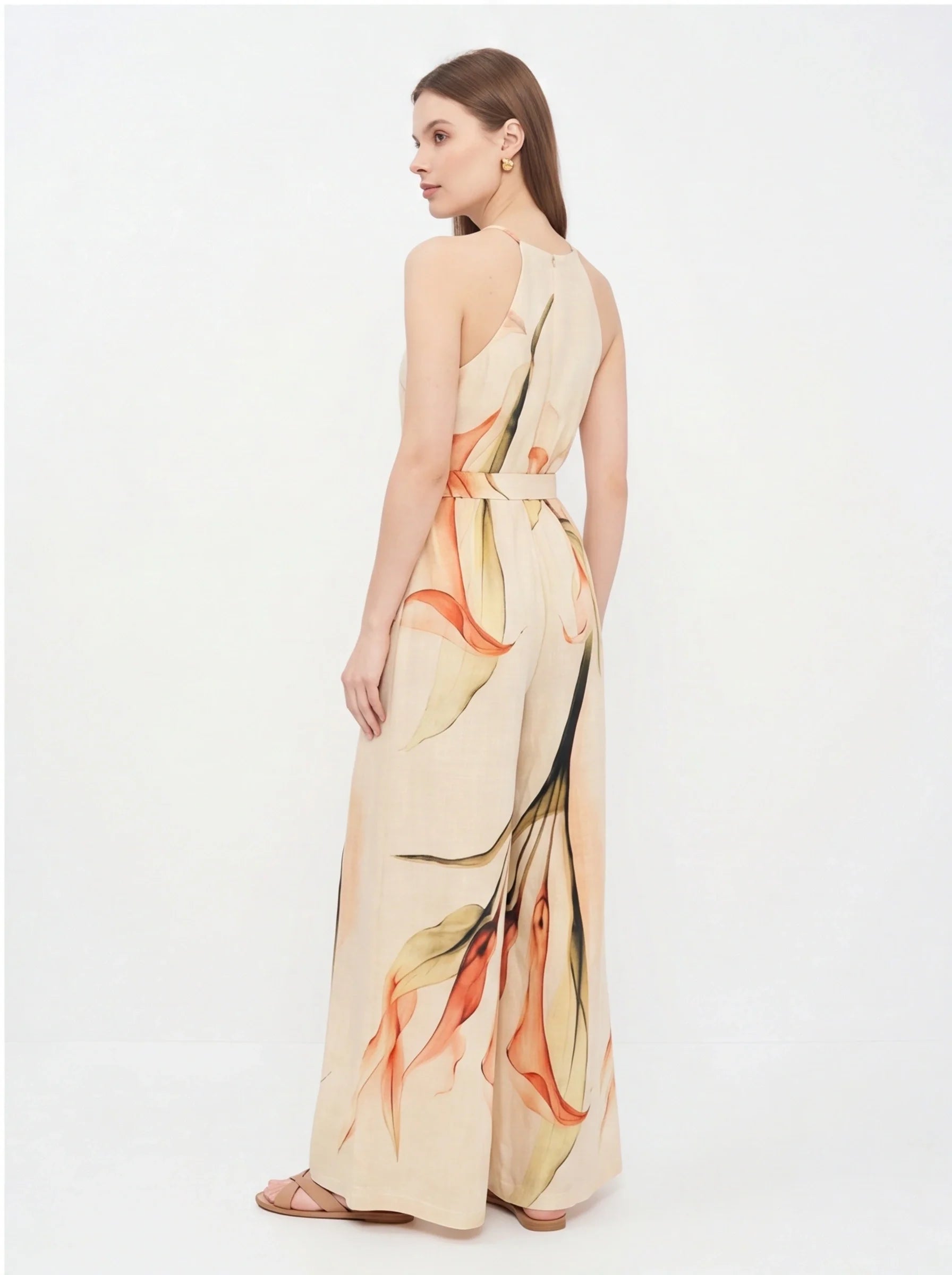 Elegant Floral Print Wide Leg Jumpsuit with Pockets & Adjustable Strap