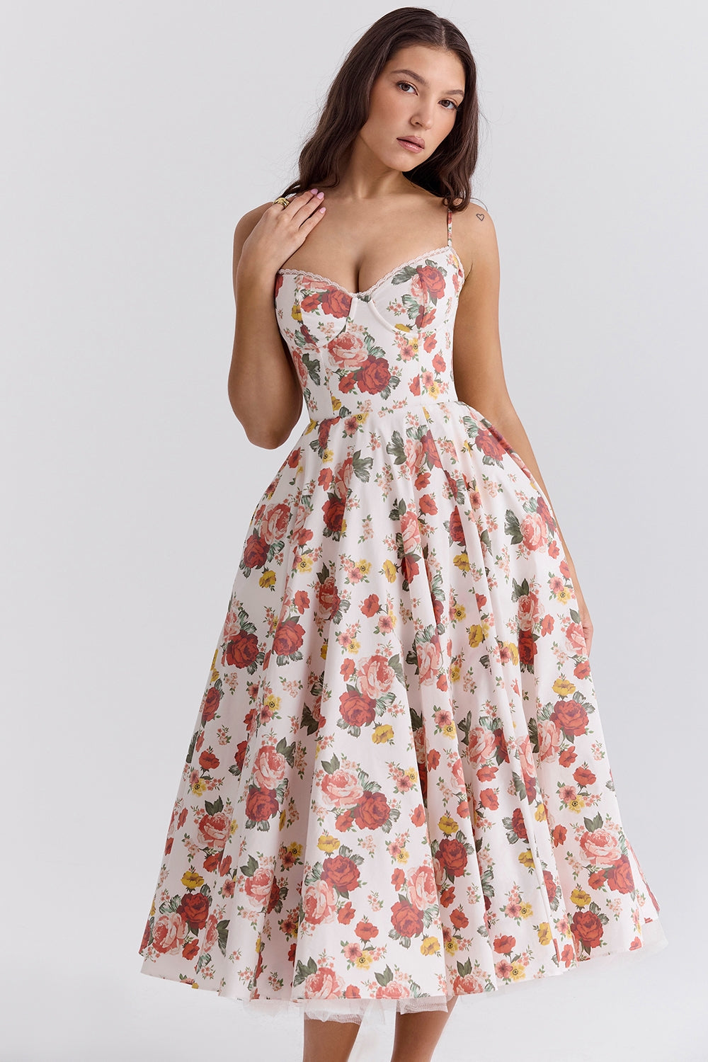 Rose Print Sweetheart Corset Bodice Tulle Underlay Midi Dress 5
