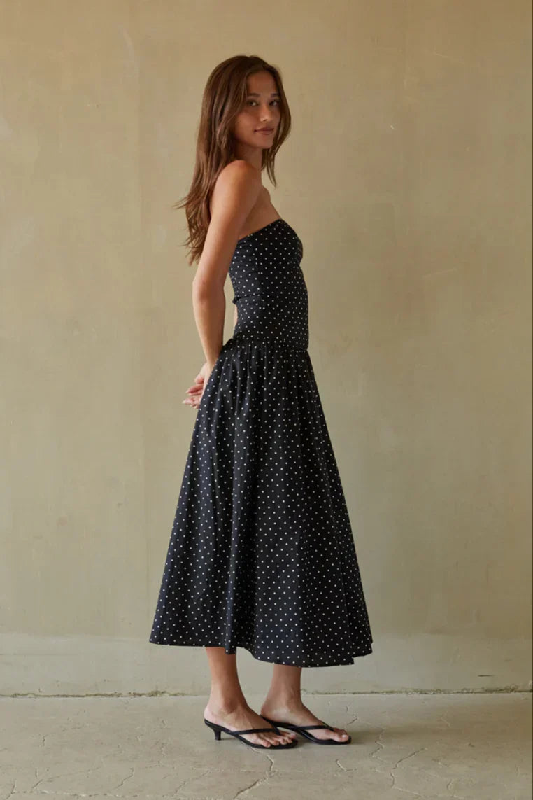 Polka Dot Strapless Drop Waist Gathered Midi Dress 4