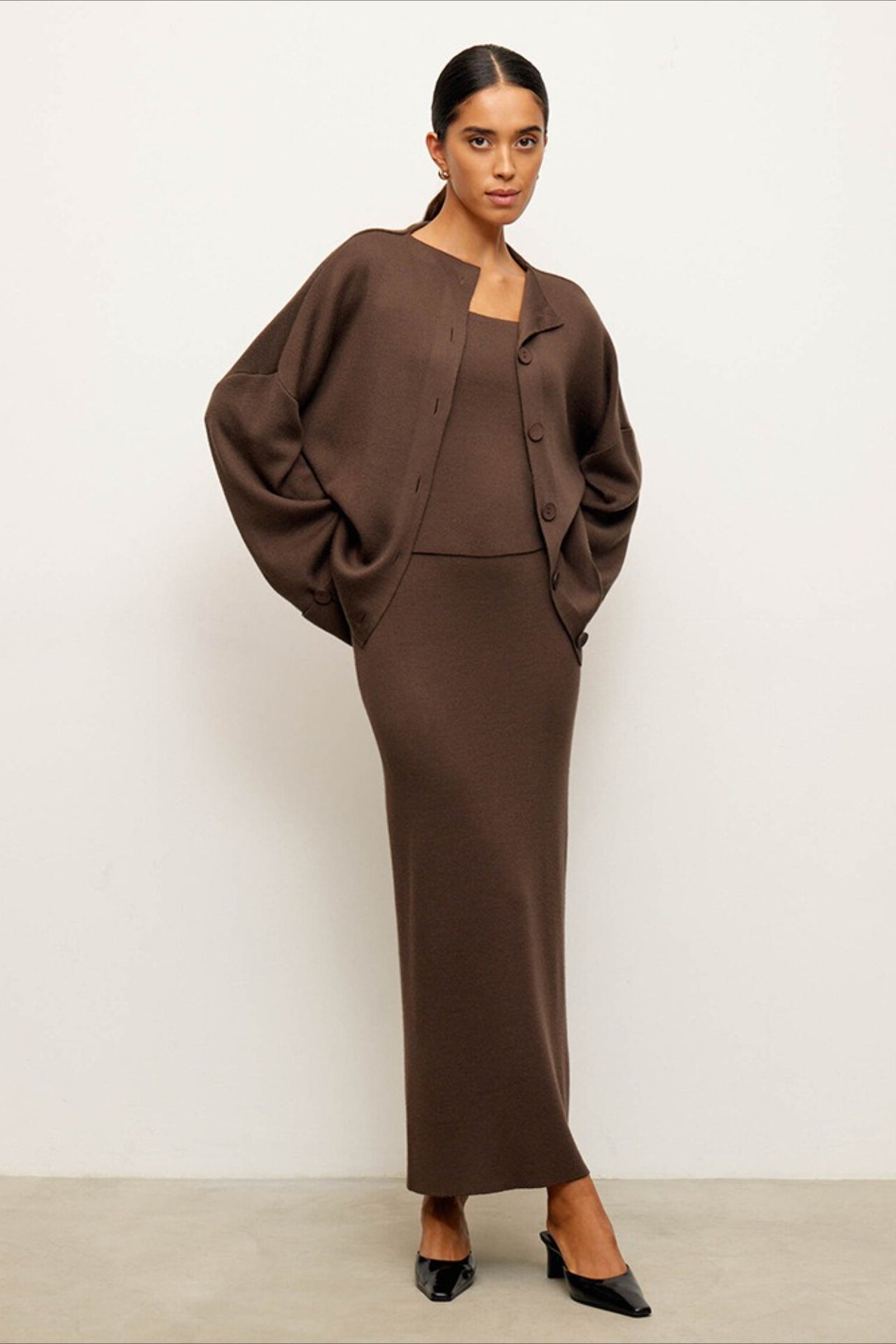 Long Sleeve Cardigan Cami Skirt Knit Set